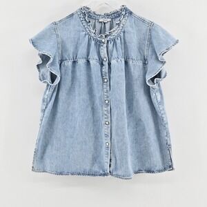 Rails Womens Ruthie Flutter Sleeve Top Size L Chambray Faded Indigo Denim Ruffle